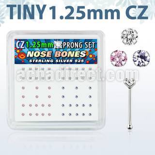 nbzbm12 box of silver nose bones with 1 25mm prong set cz