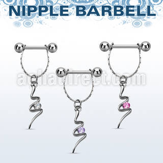 npdl20 steel nipple barbell w chain dangling swirl w cz 
