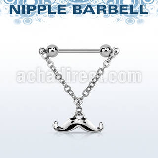 npdl37 steel nipple barbell w dangling happy mustache design