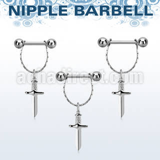 npdl47 barbell pezon acero quirurgico dos bolas conectadas traves una pequena cadena colgante punal colgante laton chapado plata
