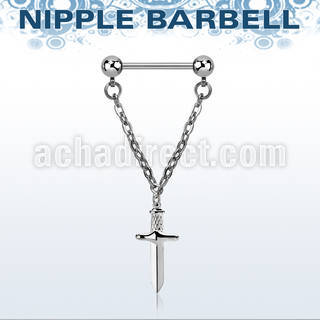 npdl48 barbell pezon acero quirurgico dos bolas conectadas una cadena un colgante punal colgante laton chapado plata
