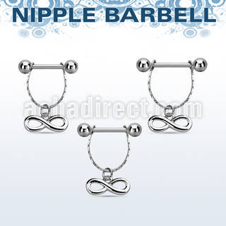 npdl6 steel nipple barbell w chain dangling infinity symbol 