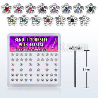 nyflbxs2 silver bend it nose studs with flower w center crystal