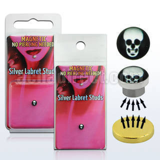 pkml6 piercing labret falso magnetico plata 925 4mm logo calavera fondo negro bandeja magnetica dorada 1 pieza distribuidor