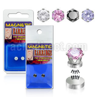 pkmsz pair of magnetic 316l steel ear studs w round prong cz