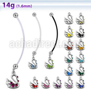 pnd472 pregnancy belly ring w dangling swan with crystals 