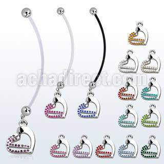 pndhrc5 piercing ombligo embarazada bolas 5mm acero colgante corazon doble cristal longitud 50mm mayorista
