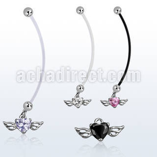 pndz586 pregnancy belly ring w dangling heart shaped cz w wings