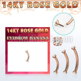 rbnz solid 14k rose gold eyebrow banana w 3mm clear cz stone