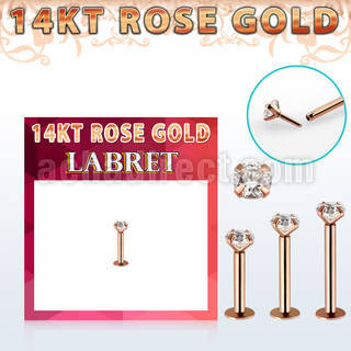 rlbz solid 14k rose gold labret w a clear 3mm cz stone