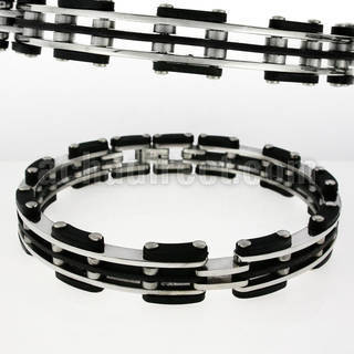rsb119 polished steel layered bracelet with rubber accents