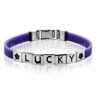 sbp purple bracelet with lucky wording on polished steel