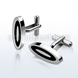 scl1 pair of polished oval steel cufflinks with black inlays