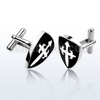 scl22 high polished steel cufflinks w cross on black shield
