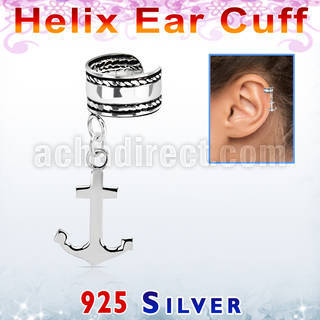 silver helix ear cuff w a rope edge w a anchor dangling