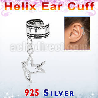silver helix ear cuff w a rope edge w a bird dangling 