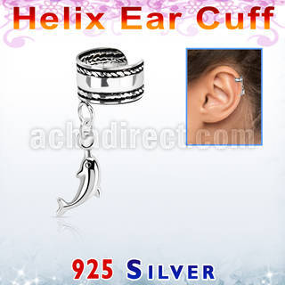 silver helix ear cuff w a rope edge w a dolphin dangling 