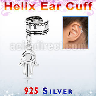 silver helix ear cuff w a rope edge w a hamsa dangling 
