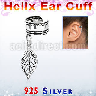 silver helix ear cuff w a rope edge w a leaf dangling 