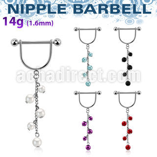 snpod11 316l steel nipple stirrup w chain of faux pearls