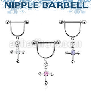 snpoz10 316l steel nipple stirrup w dangling cross w cz