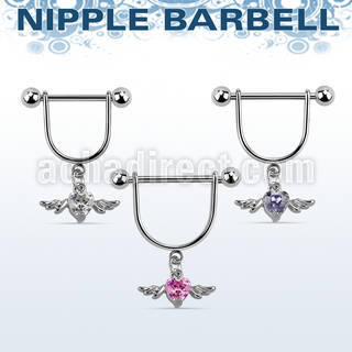 snpoz3 steel stirrup nipple ring w dangling cz heart w wings