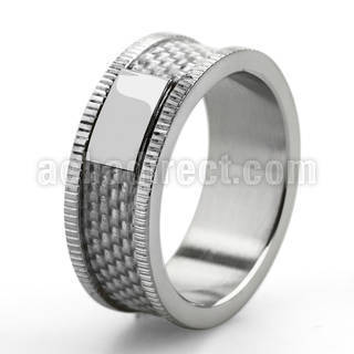 sr187w stainless steel ring with white inlay grooved edges