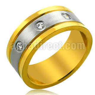srcz50 stainless steel ring w gold edges 3 clear czs stones