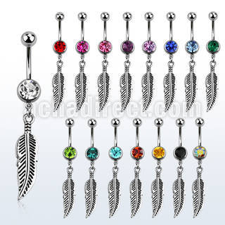 mcd654 piercing ombligo acero quirurgico bola 8mm joya bisel colgante pluma distribuidor