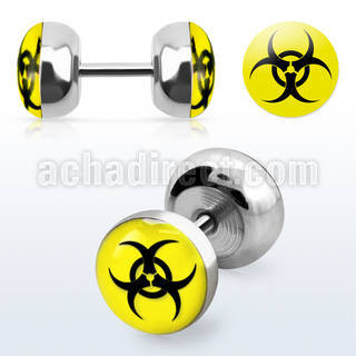steel fake plug w bio hazard sign on yellow background 