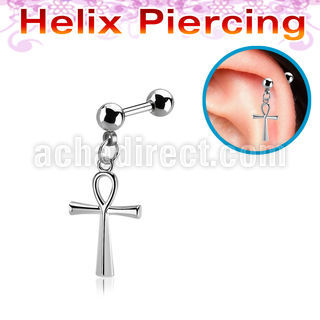 steel helix barbell 16g dangling cross 