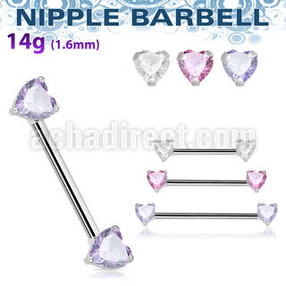 steel nipple barbell w forward facing heart shaped cz