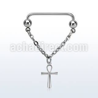 steel surface barbell w a chain w dangling ankh cross 