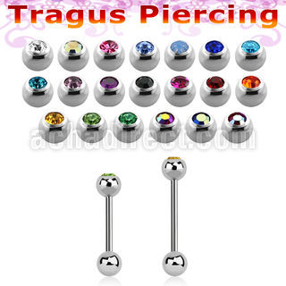 steel tragus barbell 1mm w a top 3mm bezel set jewel ball