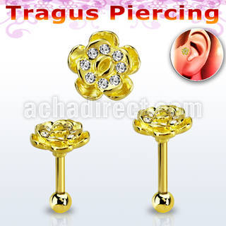 trgt41 gold 316l steel tragus piercing, 16g w crystal flower