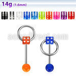 bbuvdisl 316l steel tongue barbell w uv dice top w slave ring