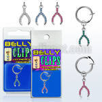 blcp669 fake belly clip w a dangling crystal studded wish bone 