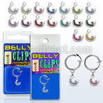 blcp734 non piercing fake belly clip w a dangling moon w crystal