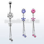bnrz364 casted steel cz belly banana w flower design  prong set