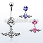 bnrz367 casted steel cz belly banana w heart shaped cz w wings