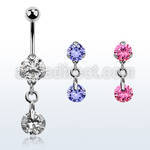 bnrz372 casted steel cz belly banana w dangling round cz stone