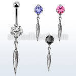 bnrz583 casted steel cz belly banana w dangling small feather