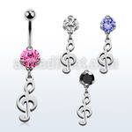 bnrz709 casted steel cz belly banana w dangling musical note