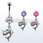 bnrz7x casted steel cz belly banana w small dolphin w round cz