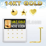 box w 12 14kt gold nose screws w assorted shaped tops 