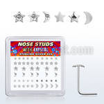 box w silver nose stud w star & moon tops w clear crystal