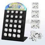 brssqf silver ear stud w prong square checkered cut cz stone