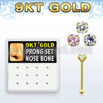 d9gnb2 9kt gold nose bone w assorted colored prong cz stone