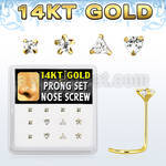 dgsc3 box w 12 pc of 14kt gold nose screw w assorted shapes cz