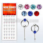 dnbrm1 box of silver nose bones w color crystal on slave hoop
